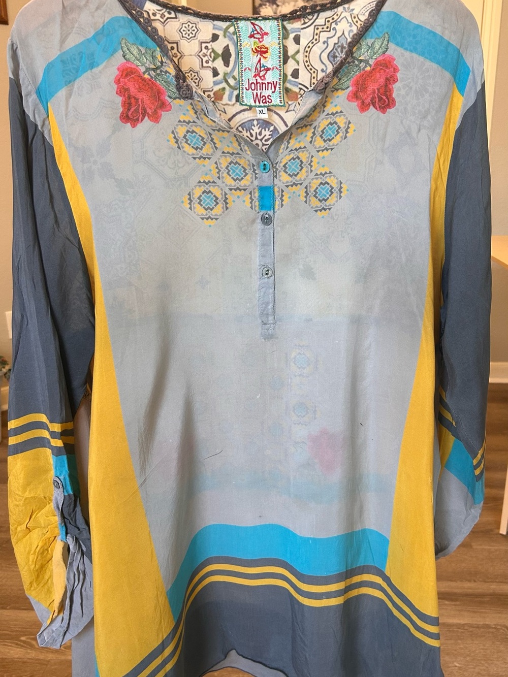 Johnny Was Embroidered Boho Tunic in Light Blue, Yellow & Teal XL
